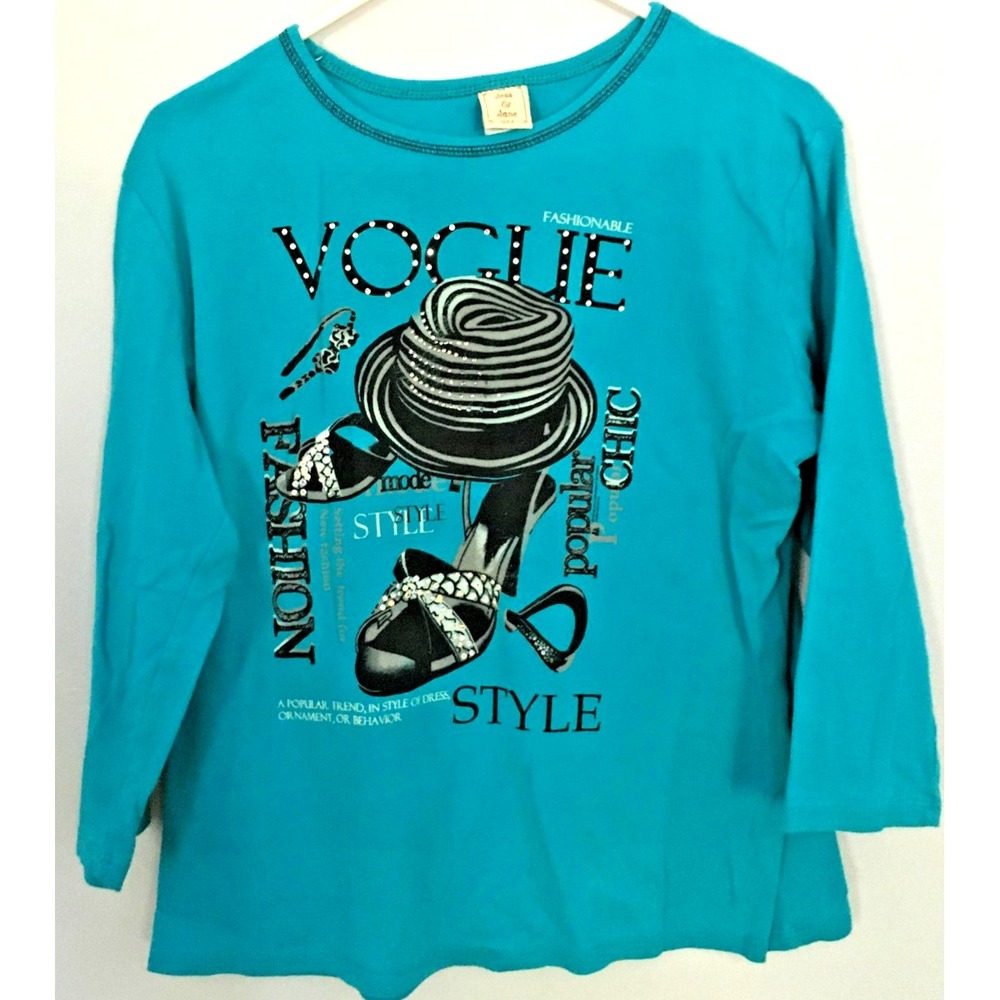 Jess & Jane Shirt Womens Large Teal Long‎ Sleeve Rhinestone Vogue Graphic USA